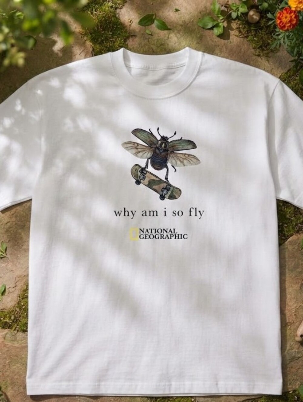 White National Geographic Why Am I So Fly T-shirt with graphic of a beetle